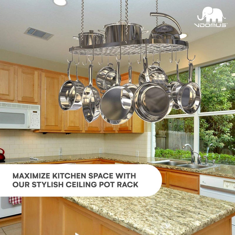 Vdomus Hanging Pot Rack - Ceiling Mount Kitchen Organizer for Pots and Pans with 15 Hooks - 33 x 17 Inches Heavy-Duty, Durable and Space-Saving Pan Holder - Silver - Image 2